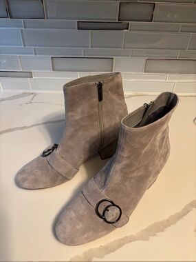 Lacey Suede Ankle Booties with Double Buckle Detail - Light Gray
